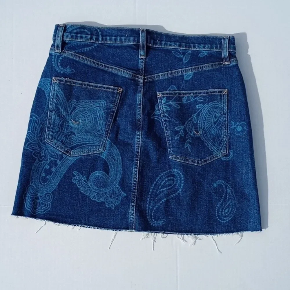 Size 10 Waist 30 Hudson Viper Paisley Cut Off Raw Hem Mini Indigo Jean Skirt